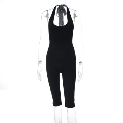 Hugcitar Halter Square Collar Black Sexy Backless Bandage Slit Skinny Playsuit Fashion Women One Piece Romper Streetwear Fitness
