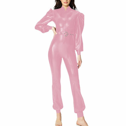 Plus Size Fashionable PVC Patent Leather Jumpsuit for Women Latex-look Clubwear Stand Collar Belt Puff Long Sleeve Slim Rompers