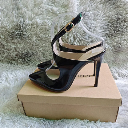 Women Sandals Hollow Jazz Dance Sexy Pumps 11cm Pointed Toe High Heels Ankle Strap Stilettos Nighclub Party Dress Wedding Shoes