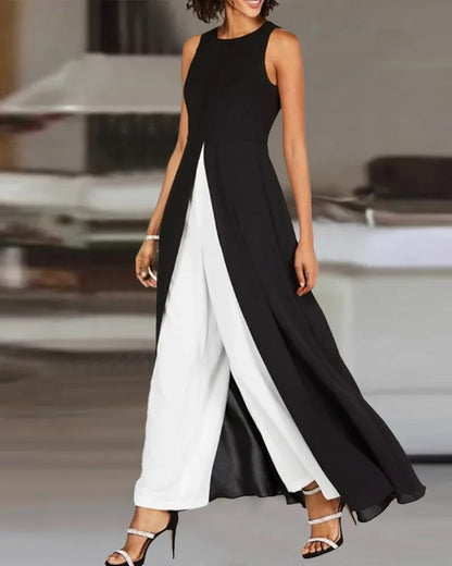 Jumpsuits Women Contrast Color High Waist Black Round Neck Sleeveless Jumpsuit O-neck Summer Wide Leg Pants Jumpsuits