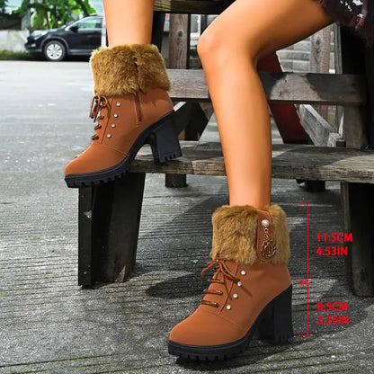 Elegant Fluffy Fur Thick High Heel Suede Ankle Boots Women Winter 2026 Designer Warm Plush Black Short Boots Woman Furry Booties
