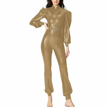 Plus Size Fashionable PVC Patent Leather Jumpsuit for Women Latex-look Clubwear Stand Collar Belt Puff Long Sleeve Slim Rompers