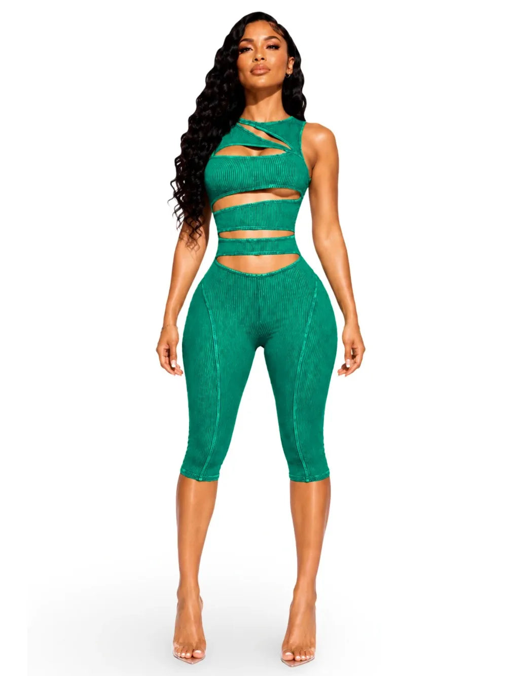 FLARORA Fashion Ribber Knitted Capri Jumpsuits Woman Sexy Hollow Out O-neck Sleeveless Zipper Skinny Playsuits Hottie Streetwear