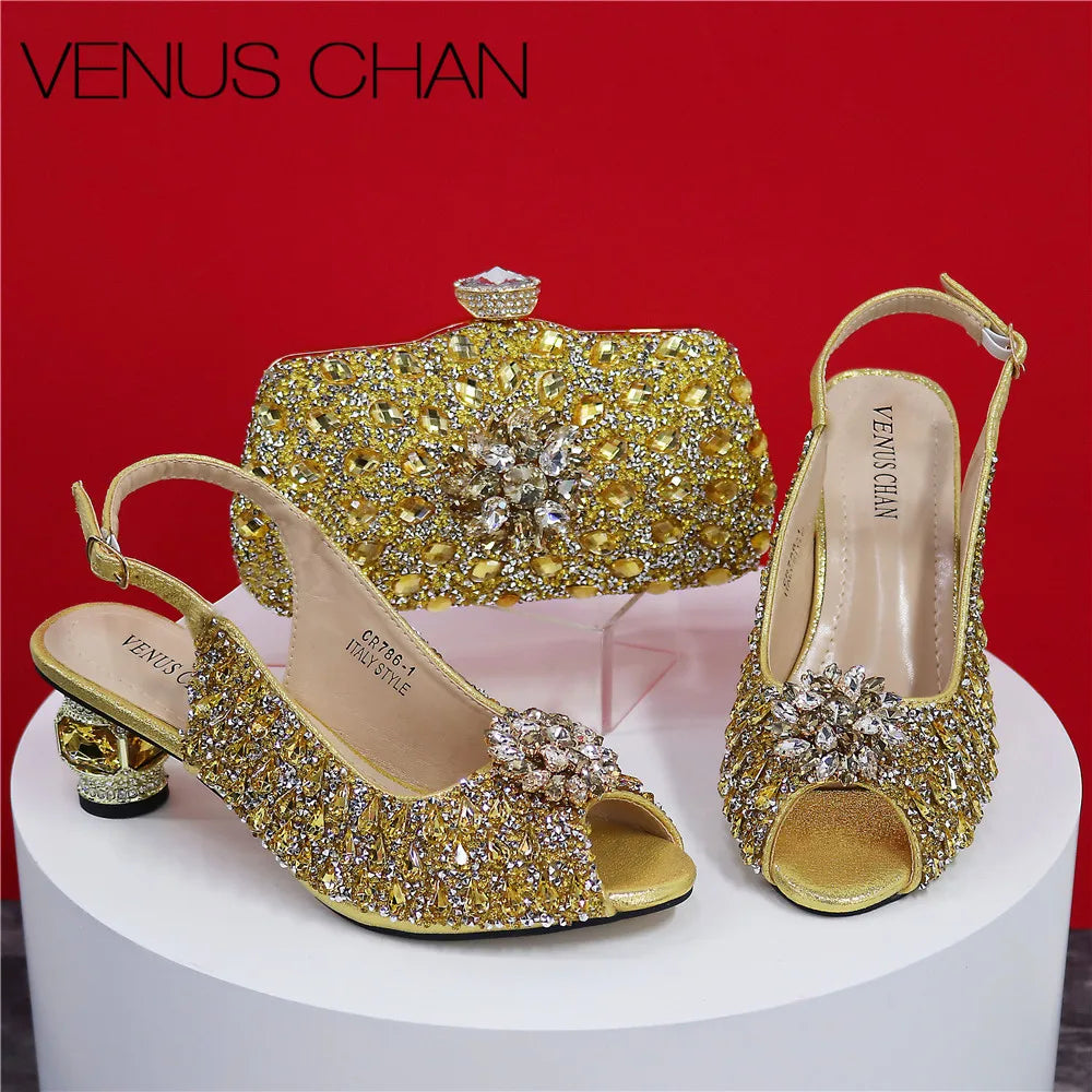 Silver Color Wedding Sandals for Women Bride Platform Round Heels Italian Full Drill Design Elegant Shoes and Bag Matching Set