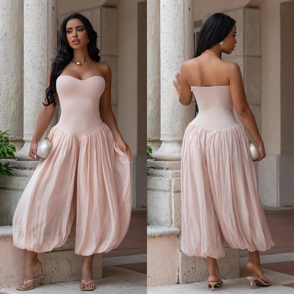Summer Patchwork Cute and Sweet Pink Strapless Jumpsuits Midi Pants One Piece Rompers Slim Fit Women Ruched Party Jumpsuit