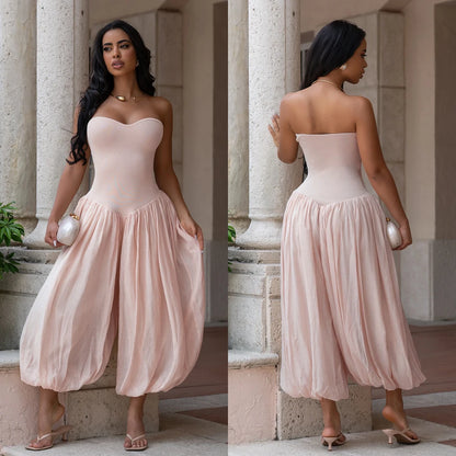 Summer Patchwork Cute and Sweet Pink Strapless Jumpsuits Midi Pants One Piece Rompers Slim Fit Women Ruched Party Jumpsuit
