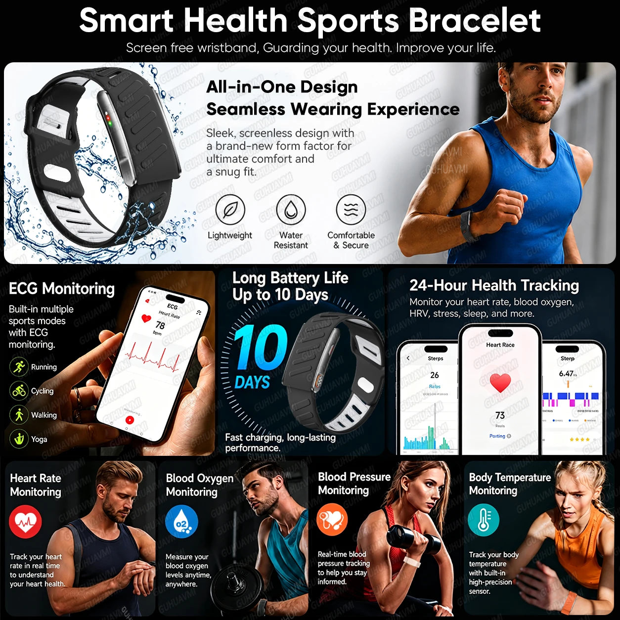 Newly Sports Smart Band,24Hours ECG+HRV,Blood Pressure,Body Fat,Screenless Design,3ATM Waterproof,BT5.3,Fitness Tracker Bracelet