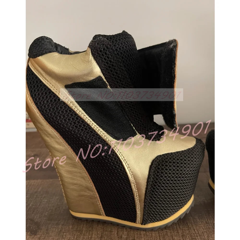 Gold Patchwork Platform Boots Women Round Toe Wedge Ankle Boots Ladies Hook Loop Closure Sneaker Heel Footwear