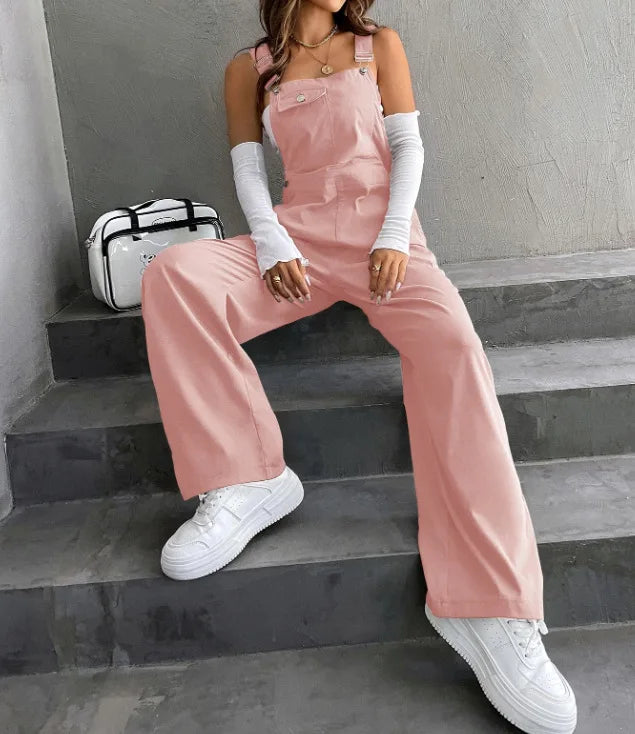 Women's Casual Bib Overalls Adjustable Shoulder Strap Pocket Wide Leg Jumpsuit Loose Straight Women Streetwear Suspender Pants