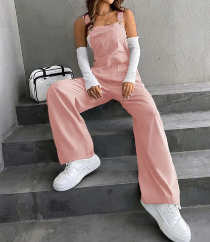 Women's Casual Bib Overalls Adjustable Shoulder Strap Pocket Wide Leg Jumpsuit Loose Straight Women Streetwear Suspender Pants
