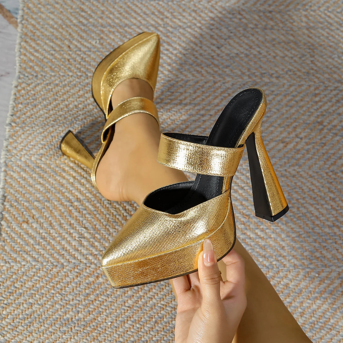 13CM High Heels Luxury Slippers For Ladies Fashion Slides Thick Platform Sandals Summer Pointed Toe Slip-on Women's Shoes Mules