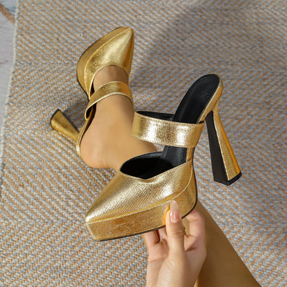 13CM High Heels Luxury Slippers For Ladies Fashion Slides Thick Platform Sandals Summer Pointed Toe Slip-on Women's Shoes Mules