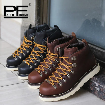 pf Fashion Genuine Leather Motorcycle Boots Men's Hiking Work Boots Women Ankle Western Boots Non-slip Round Toe