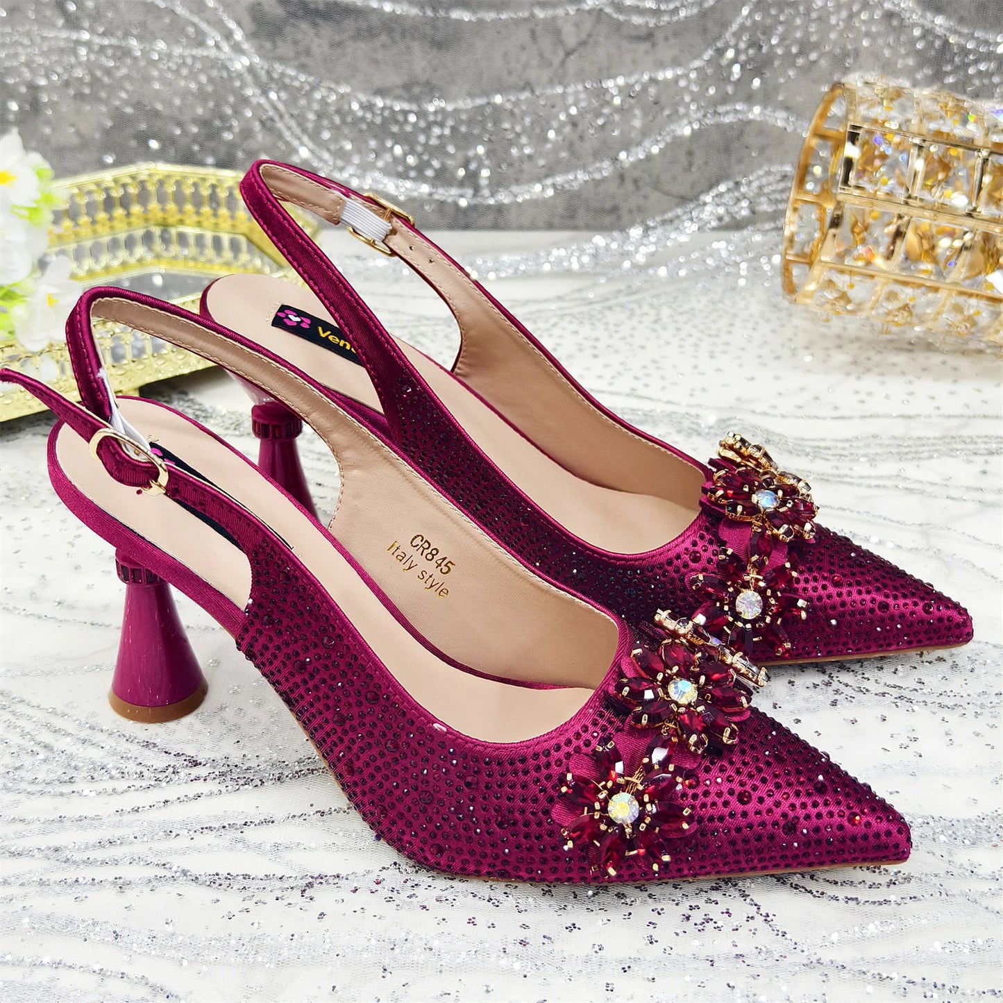 Venus Chan Olive-Green Pointed-Toe Women's High Heels Shoes and Bags for Party Rhinestone Evening Elegant Luxury Handbag