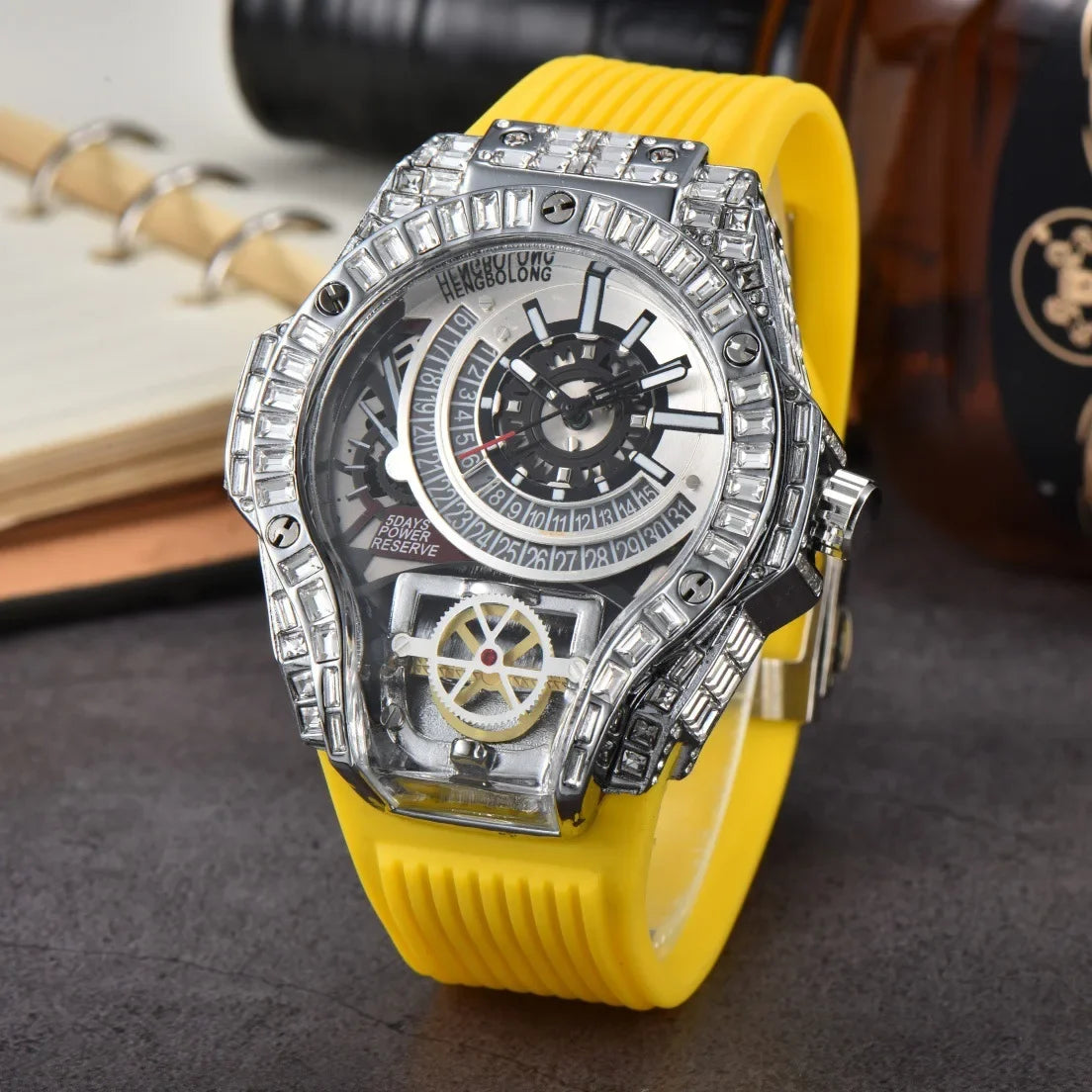 Business Full Diamond Case Luxury Top Mens Watches Rubber Strap Color Creative Decorative Quartz Watch Men AAA Clocks Relogio