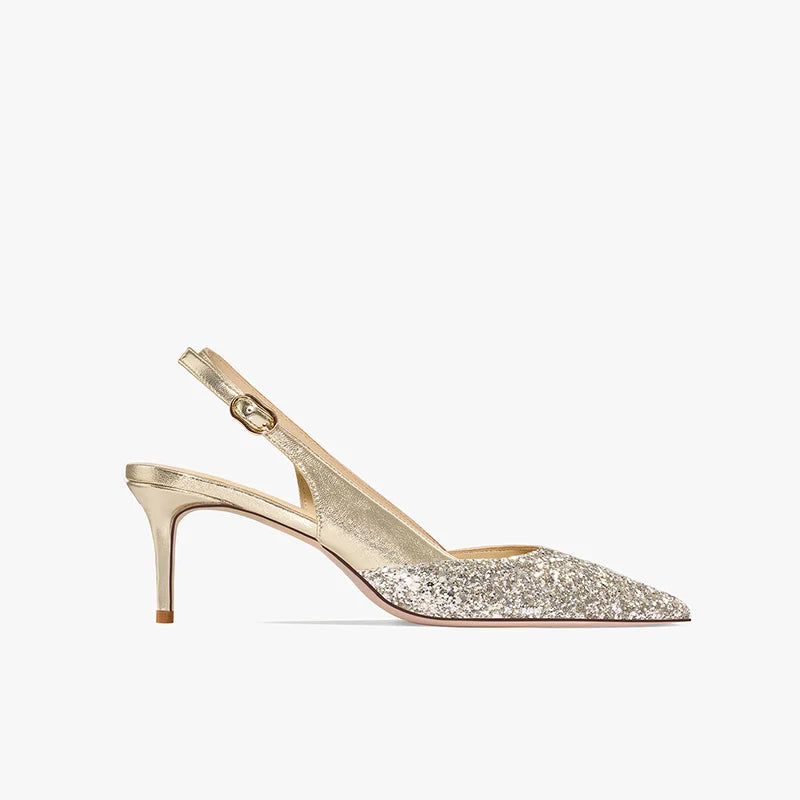 2025 New Summer Luxury Heeled Sandals Gold Sequins Back Strap Pointed Toe Stiletto Pumps Elegant Comfortable Prom Women's Shoes