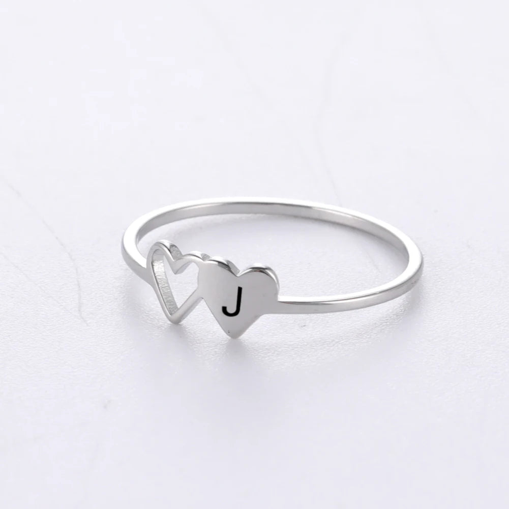 COOLTIME Initial Letter Ring for Women Stainless Steel A-Z Alphabet Double Heart Rings Simple Wedding Cheap Gift For Lover
