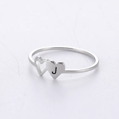 COOLTIME Initial Letter Ring for Women Stainless Steel A-Z Alphabet Double Heart Rings Simple Wedding Cheap Gift For Lover