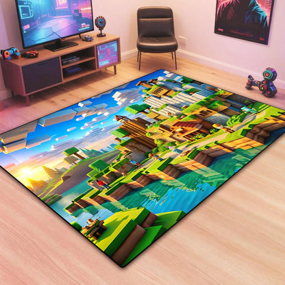 Neon Voxel World Print Area Rug, Colorful Blocky Pixel Scene Floor Mat for Gaming Room, Bedroom, Non-Slip Washable Carpet