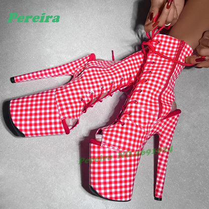 Red Gingham Peep-Toe Platform Ankle Boots Retro Cross Tied Stiletto High Heels Women's Sandals Lace-Up Pole Dance Shoes Zipper