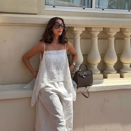 Fashion Women's White Hollow Out Sling Top Loose Sleeveless Backless Lace Up Irregular Hem All-match Tops 2026 Summer Lady Vest