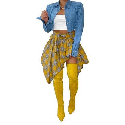 Womens Plaid Skirts High Elastic Waisted Knot Front Asymmetrical Hem Mini Skater Skirt Y2K Streetwear A Line Pleated Skirts