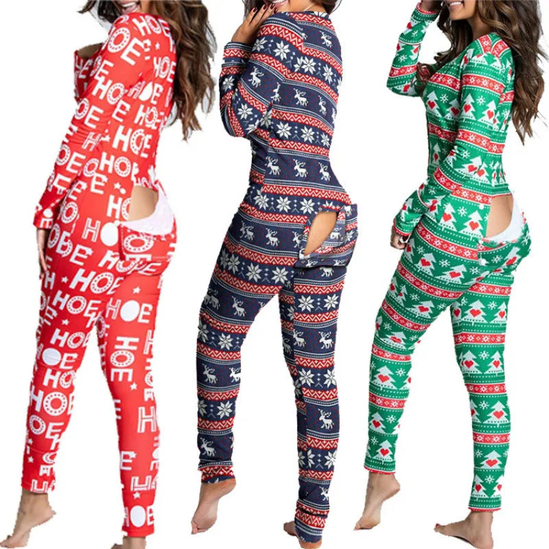 Sexy Pyjama Women's Long Sleeves Homewear Suit Button-Down Front Back Butt Bum Open Ass Flap Jumpsuit Loungewear Christmas Print