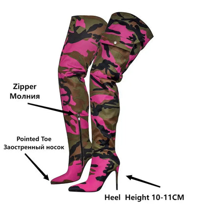 Onlymaker Womens Mixed Colors  CamouflageOver The Knee Boots Thin Heel Pointy Colorful Print  Thigh High Boots