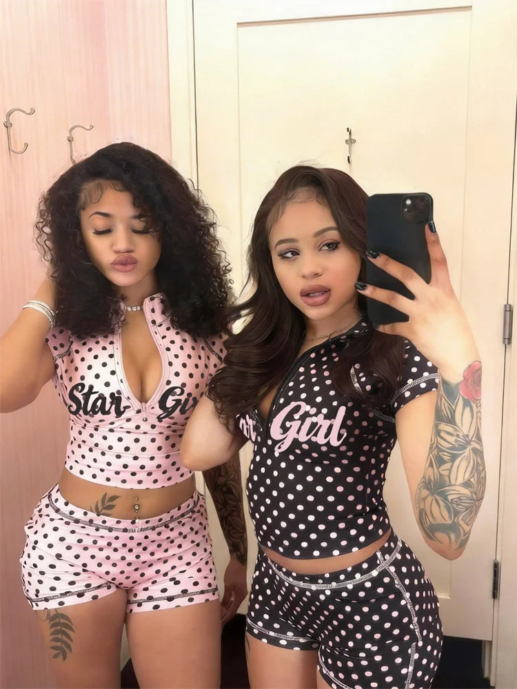 Kliou Polka Dot Print 2 Piece Set Woman Zip Turtleneck Short Sleeve Crop Tops+Skinny Shorts Street Sexy Fashion Style Outfits