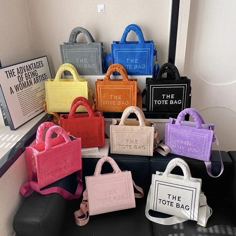 Women's Khaki Velour Tote Bag Original Letter Print Medium Ladies Shopper Handbag Female Square Medium Shoulder Bags