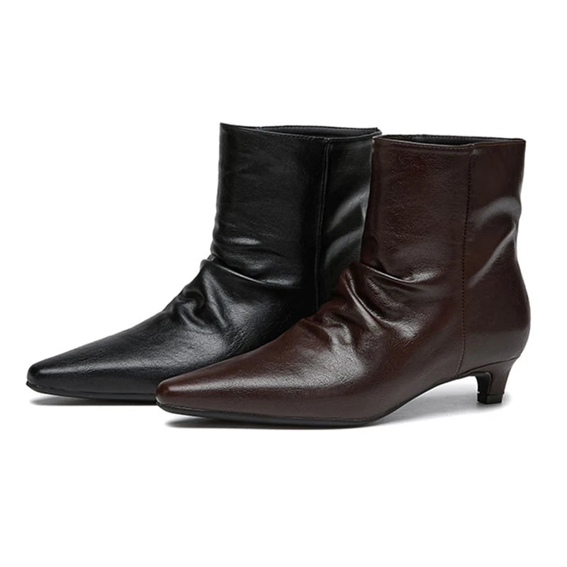 AIYUQI 2026 Women Pointed Toe Ankle Boots Vintage Ruched Kitten Heel Short Boots Elegant Slip On Dress Booties for Daily Party
