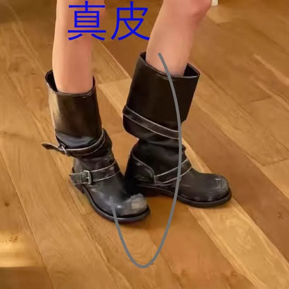 Retro Weathered Knight Boots Belt Bule Chunky Heel Mid-Calf Women's Boots Cowhide Leather Slimming Booties for All-Season Wear