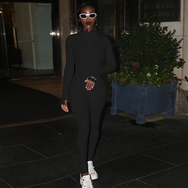 Fashion Workout Active Wear Ribbed Rompers Womens Jumpsuit Long Sleeve Fitness Embroidery Lucky Label Letter Zipper Jumpsuits