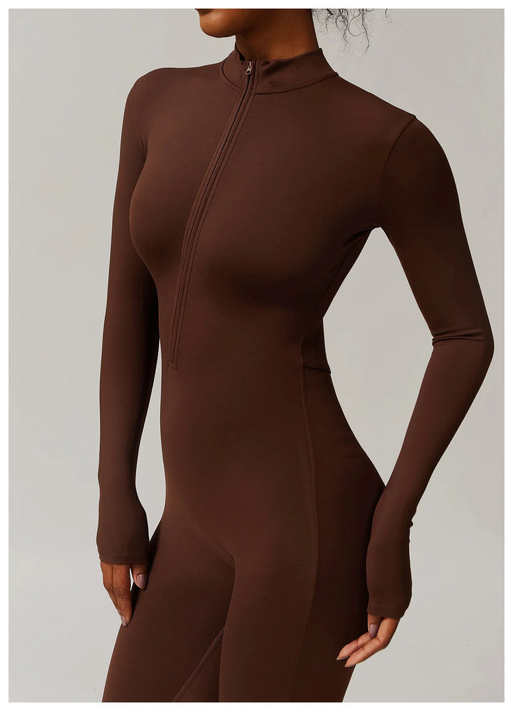 Winter Half Zip Yoga Bodysuit Women Long Sleeved Fitness Jumpsuit Sportswear Gym Clothes One-piece Running Workout Wear Rompers