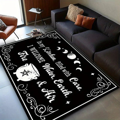 Witch Kitchen Spell Rug: Magical Elements for Cozy Interiors | Gothic Home Decor | Enchanting Black and White Area Rugs