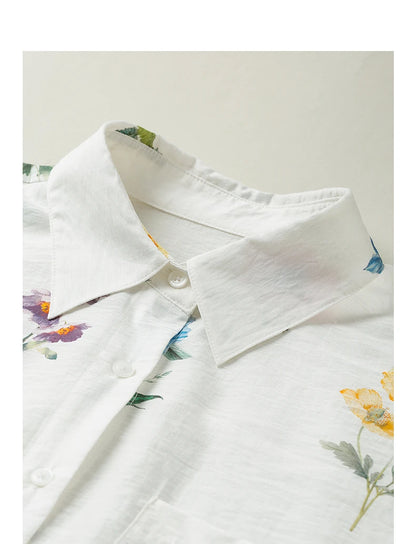 TOYOUTH Women Shirts 2026 Summer New Linen Lyocell Print Fresh Mid Length Floral Blouse Tops