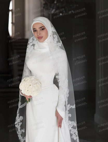Simple Formal Wedding Dresses Muslim Woman Satin Bride Gowns High Neck Long Sleeve Ruffles Elegant Vestidos De Noche Customized