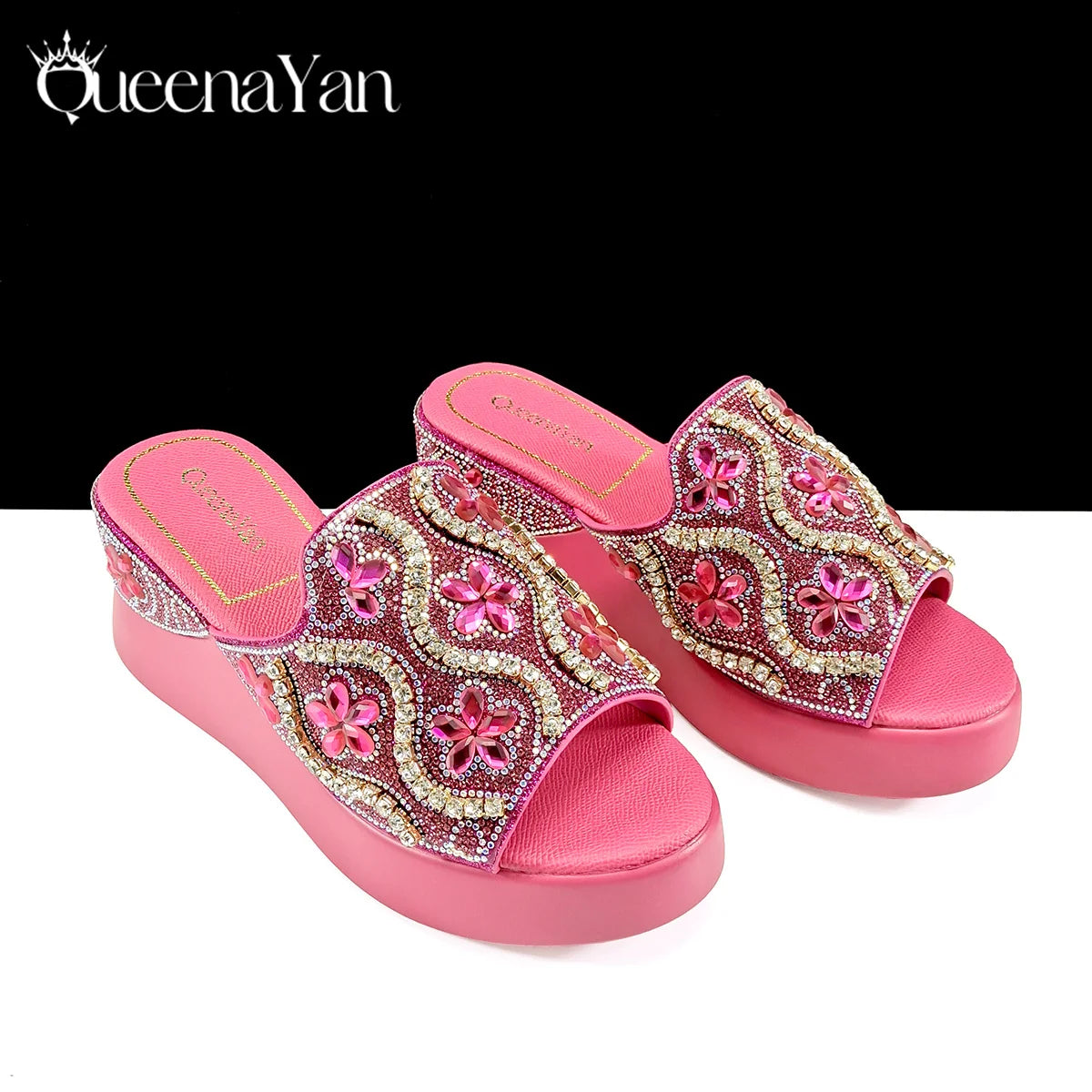 Queena Yan Popularity Open Toe Luxury Fashion Women High Heels Shoes and Bags Set With Rhinestone for Wedding Party Elegant
