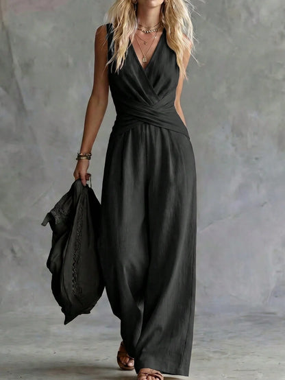 Fashion Light Blue Wide Leg Pants Jumpsuit Women's V-neck Sleeveless Cross Wrap Waist Design Rompers Summer Casual Jumpsuits