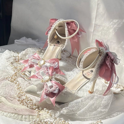 Pink Heeled Sandals Lolita Heels Shoe and Bag Set Luxury Woman High Heels Party Shoes Woman Bow Weddings Bridal Shoes Y2K Heels