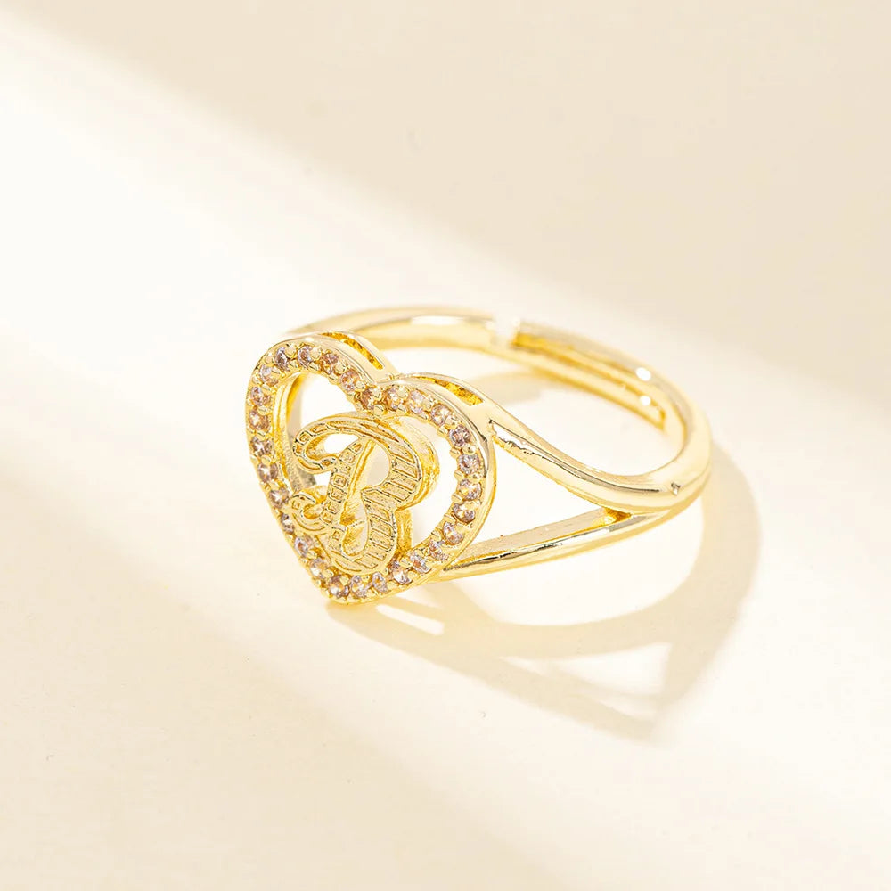 White Zircon 26 Letters A-Z Love Heart Open Adjustable Rings For Women Gold Silver Color Wedding Band Jewelry Mother's Day Gifts