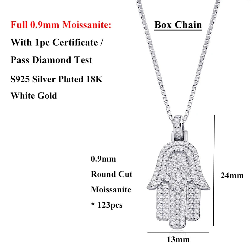 EWYA Hamsa Hand Full 0.9mm Moissanite Pendant Necklace for Woman Men 925 Silver Pass Diamond Test Hip Hop Fine Neck Jewelry Gift