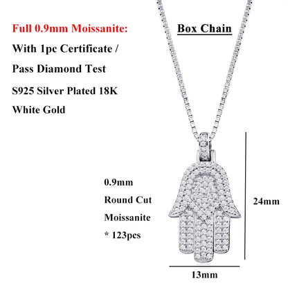 EWYA Hamsa Hand Full 0.9mm Moissanite Pendant Necklace for Woman Men 925 Silver Pass Diamond Test Hip Hop Fine Neck Jewelry Gift
