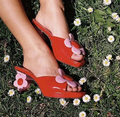 Sweet Style Round Toe Outdoor Flowers Summer Fashion Lady Slippers Strange Flower High Heels Pull On Design Large Size Shoes