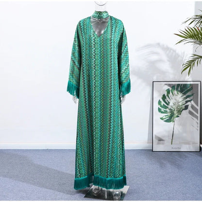 Elegant Tassel Hem Maxi Dress Women V-neck Long Sleeve with Scarf Loose Dresses 2026 NEW Spring Luxury Lady Party Evening Gowns