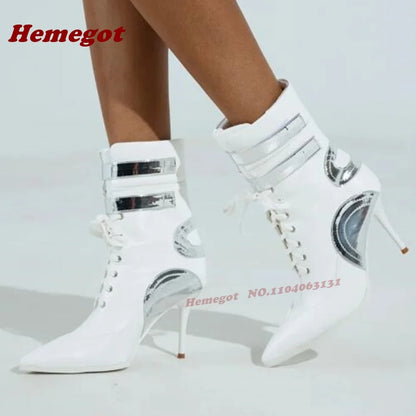 Patchwork Pointy Toe Ankle Boots Stiletto Heels Lace-Up Splicing Women's Short Booties Glossy Gladiator Runway Shoes Luxury Sexy