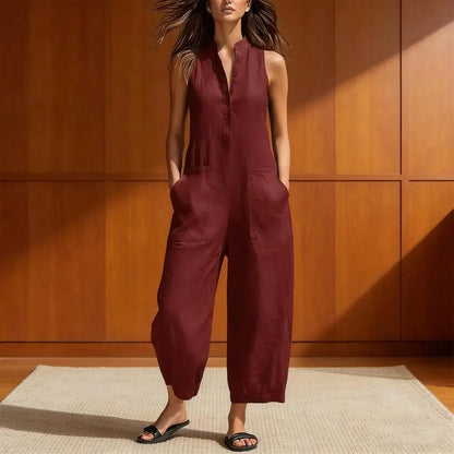 Cotton And Linen Jumpsuit Women Stand Collar Sleeveless Pocket High Waist Wide Legs Jumpsuits Casual Commuting Ladies Bodysuits
