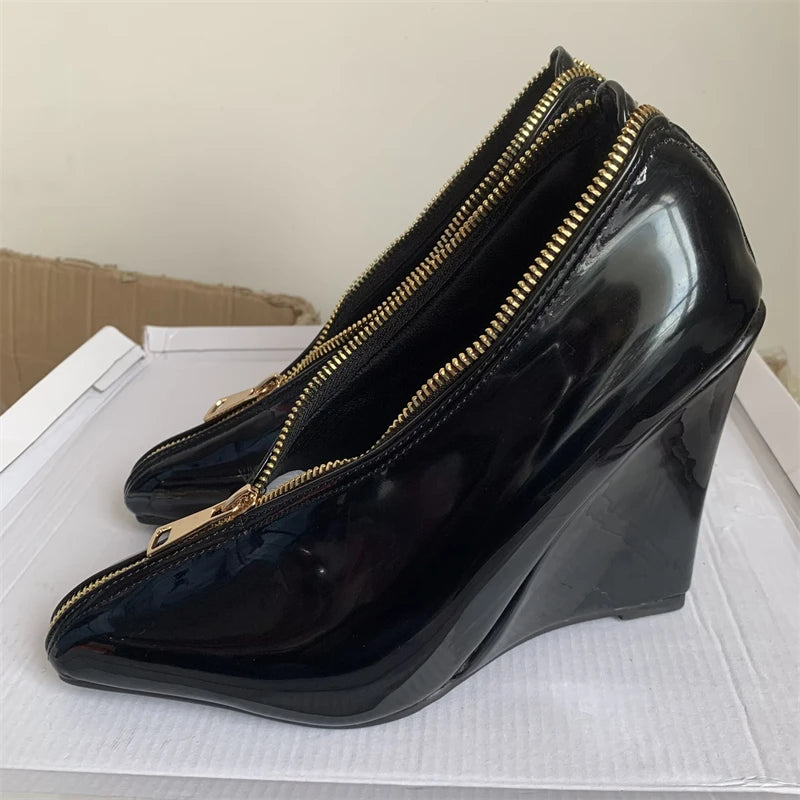 Sexy Women's Wedge High Heels Pumps Shoes Sexy Zipper Black Red White Wedges Heeled Large Size Office Party Wedding Shoes Ladies