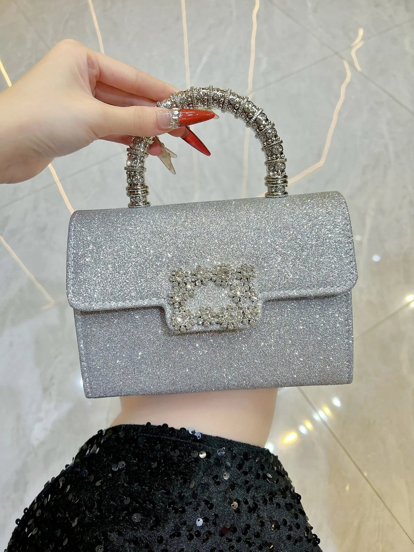 Rhinestone Faux Silk Emerald Evening Bag Silver Diamond Buckle Handle Fashion Handbags Elegant Ladies Square Bolsa Feminina