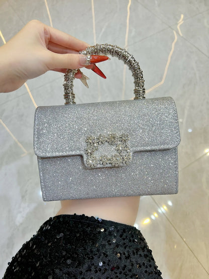 Rhinestone Faux Silk Emerald Evening Bag Silver Diamond Buckle Handle Fashion Handbags Elegant Ladies Square Bolsa Feminina